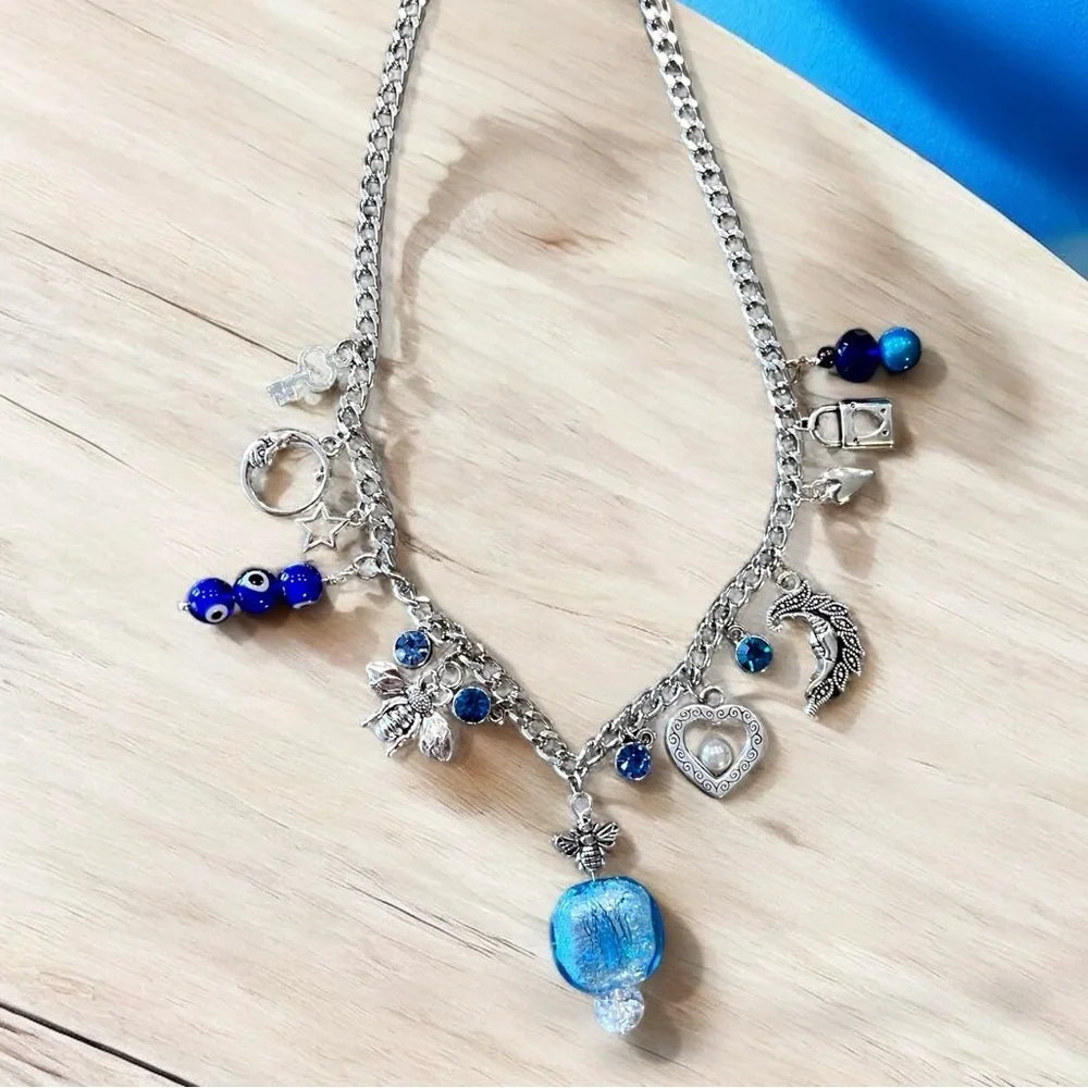Fun and Pretty Silver and Blue Toned Charm Necklace Vintage and New Charms